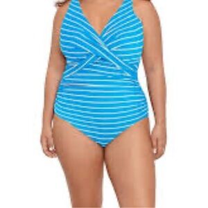 NEW! BAL HARBOUR BLUE/WHITE STRIPE ONE-PIECE CROSSOVER SWIMSUIT Size 24W